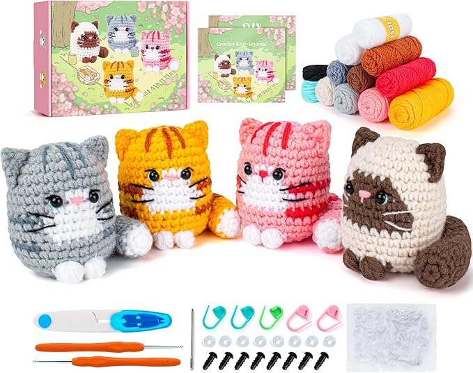 Crochet Kit for Beginners -4 PCS Cat Crochet Kit with Step-by-Step Video Tutorials, Learn to Crochet Kits for Adults and Kids, Beginner Crochet Kits for Adults, Animals Cat Crafts Knitting Kit