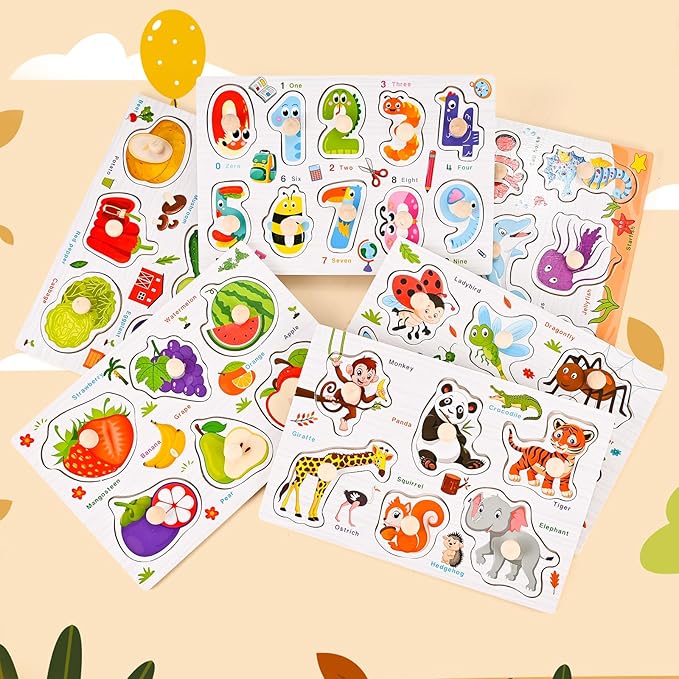 Wooden Peg Puzzles for Toddlers 1-3, 6 PCS Puzzles for Kids, Montessori Toddler Numbers, Vegetables, Fruits, Insects, Sea and Animals Puzzles, Great Preschool Gifts for Girls and Boys