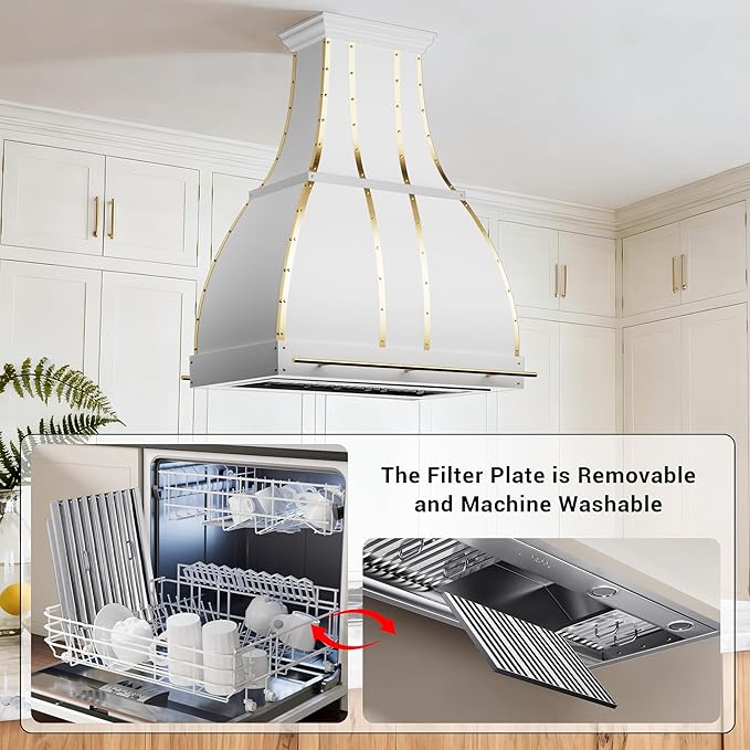 CHETTO C Stainless Steel Range Hood Cover with 4-Speed Vent Hood Insert Custom Handcrafted Metal Kitchen Fan with Towel Rack LED Light 42"W x27"D x42"H White Island Mount
