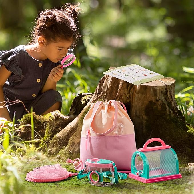 ROBOTIME Kids Explorer Kit & Bug Catcher Kit for Kids, 10PCS Outdoor Bug Catching Kit with Magnifying Glass & Net, Adventure Set for Backyard & Camping, Fun Gift for Girls 3-12 (Pink)