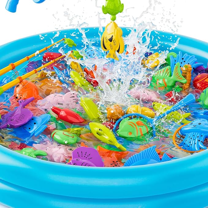 Magnetic Fishing Pool Toys Game for Kids Toddlers 3-5 4-8, Water Table Bathtub Toy with Inflatable Pool Pole Rod Net Plastic Floating Fish, Water Bath Pool Outdoor Toys for Kids Toddlers Baby