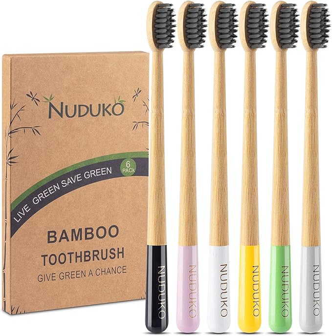 Biodegradable Bamboo Charcoal Toothbrushes, Soft Bristle, Eco-Friendly, Sustainable, BPA Free, Organic, Compostable, Travel Toothbrushes, 6 Pack