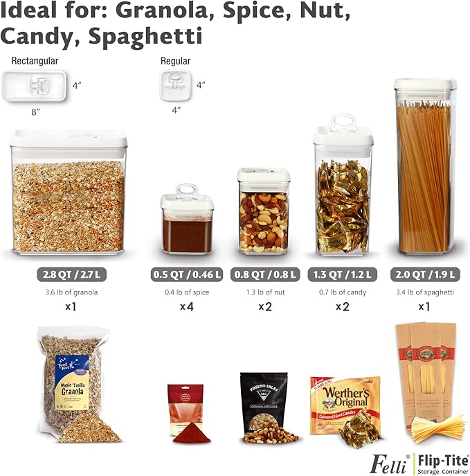 Felli Flip Tite Storage Container with 4 Inch Lid SQUARE & RECTANGLE, Air Tight Ring Seal Top Clear Acrylic Canister Jar, Spice Pasta Cereal Snack Pantry Organizer, Gift Set for Women (10pk, Variety)