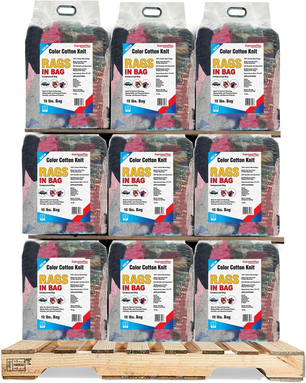 Premium Color Knit Cleaning Rags (600 lbs Pallet - 60x10 lbs. Bag) – Shop Rags Bulk for Workshops, Mechanics, Painters, and Home Use, Multipurpose Cotton T-Shirt Rags