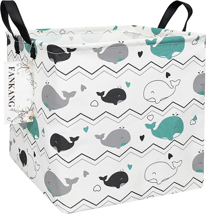 FANKANG Square Nursery Hamper Storage Bins Canvas Laundry Basket Foldable with Waterproof PE Coating Storage Baskets Gift Baskets for Children, Office, Bedroom, Clothes（Square-whales ）