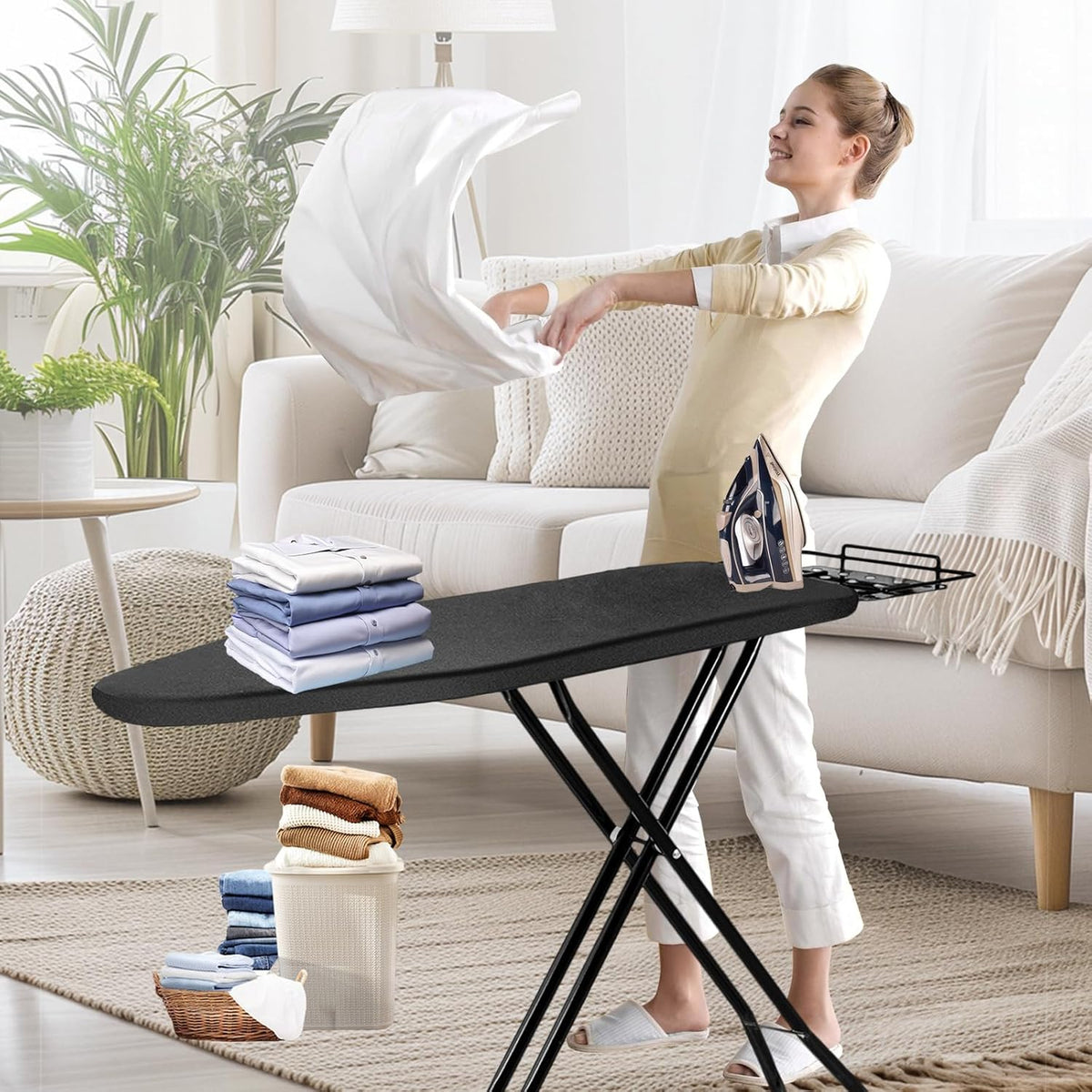 Ironing Board,52x14 Inch Iron Board with Steam Rest, Heavy Duty Metal Frame Legs Ironing Table with Heat Resistant Cover Mat, Foldable Full Size Hanger Ironing Stand, 5 Adjustable Height, Black