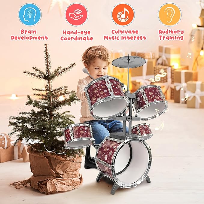 Kids Drum Set for Toddlers 1-3 Musical Jazz Drum with Stool Toys for 2-5 4-6 5-7 Boys Girls Birthday, Red
