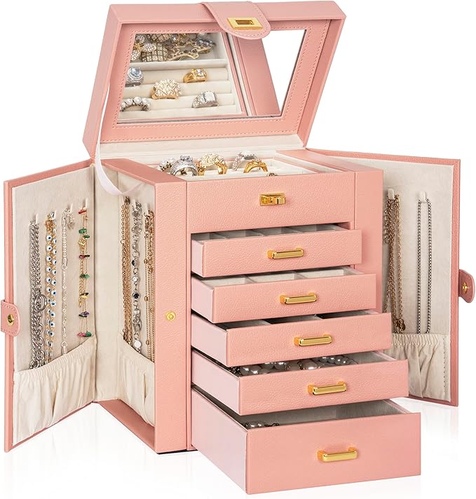 AKOZLIN Jewelry Box Organizer Functional Leather Jewelry Storage Case for Women Girls Ring Necklace Earring Bracelet Holder Organizer with Mirror Pink