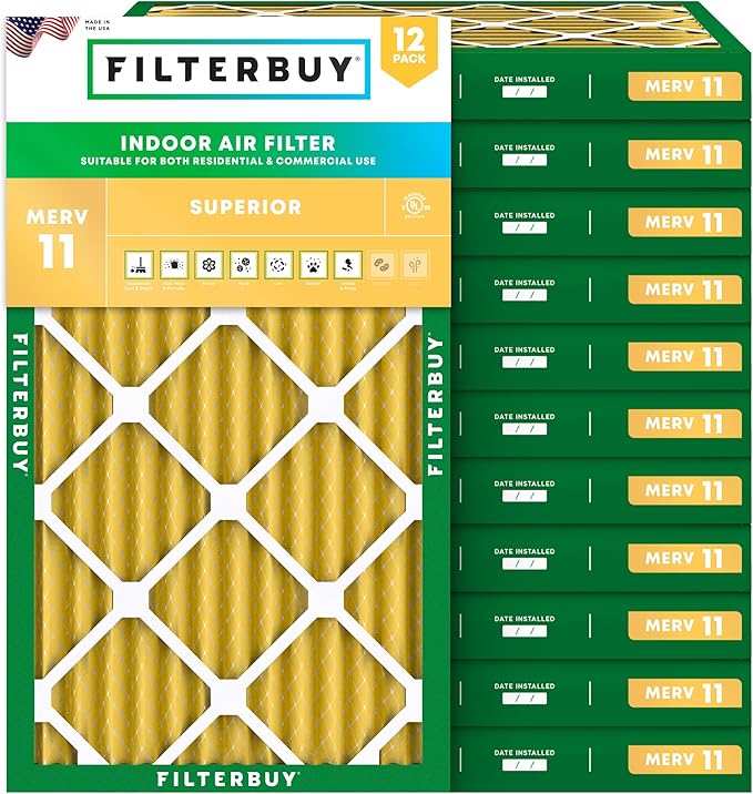 Filterbuy 10x20x2 Air Filter MERV 11 Superior Pet & Allergy Defense (12-Pack), Electrostatic Pleated HVAC AC Furnace Filters Replacement, Made in USA (Actual Size: 9.50 x 19.50 x 1.75)