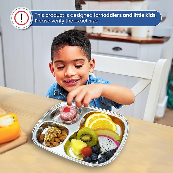 Korean Stainless Steel Divided Plates, Kids Toddlers Babies Tray, BPA Free, Diet Food Control, Camping Dishes, Compact Serving Platter, Dinner Snack, 3 Compartment Plate Silver, Set of 2