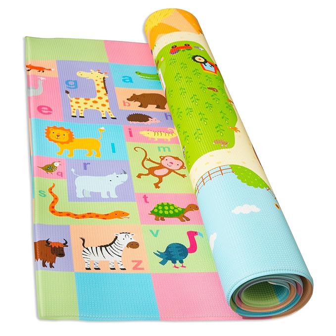 Baby Care Play Mat (Medium, Playful - Busy Farm) 73’’ x 49’’ Original One-Piece Reversible Rollable Waterproof Play Mat for Infants, Babies, Toddler, and Kids