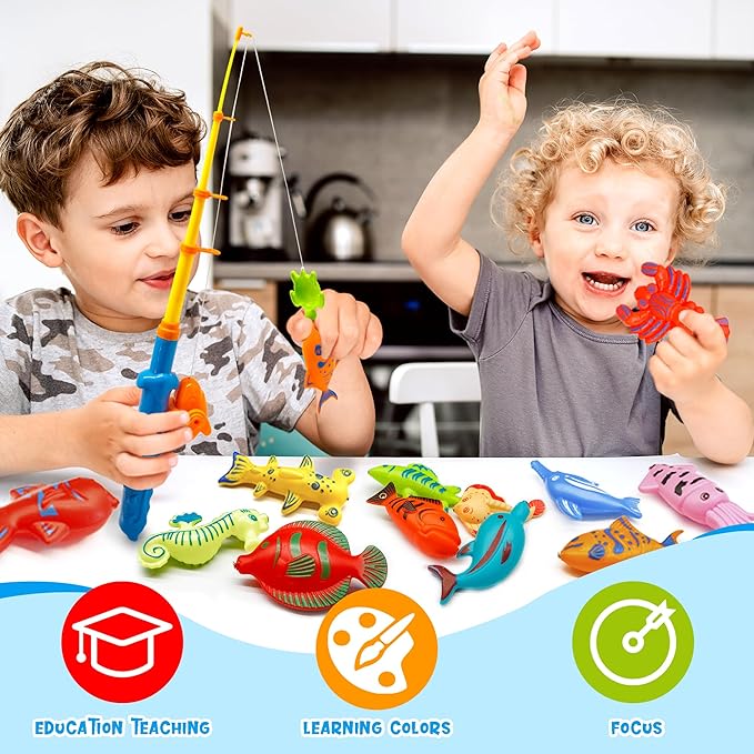 Kiditos 60PCS Magnetic Fishing Bath Game Set, Swimming Fish for Bathtub, Water Table Toys for Toddlers Kids Age 3-6, Pool Toys for Pretend Play, Education Teaching & Learning Colors