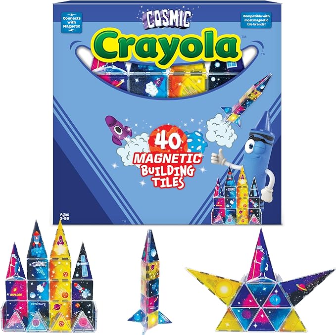 CreateOn Crayola Cosmic Magnetic Tiles, Building Set for Kids, Magnetic Building Toys for Kids, STEM Learning Toys for Boys and Girls Ages 3 and Up, 40-Piece Set (Cosmic)