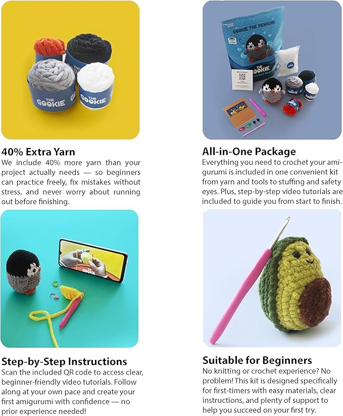 THE GOOKIE Amigurumi Crochet Kit for Beginners – DIY Crochet Kit with Yarn, Hook, Eyes & Stuffing – Easy Starter Set with Video Tutorials – Cute Plush Toy Craft Gift for Kids, Teens & Adults (Bear)