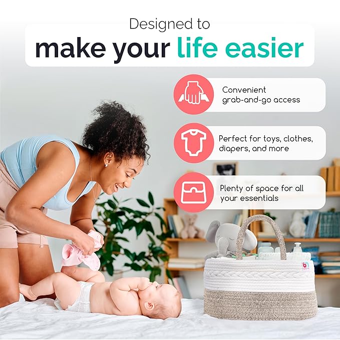 Rope Diaper Caddy - Storage for Baby and Toddler Items - Portable Cotton Organizer Easily Holds Diapers, Wipes, Clothing - Useful for Nursery, Bedroom (Beige, Regular)