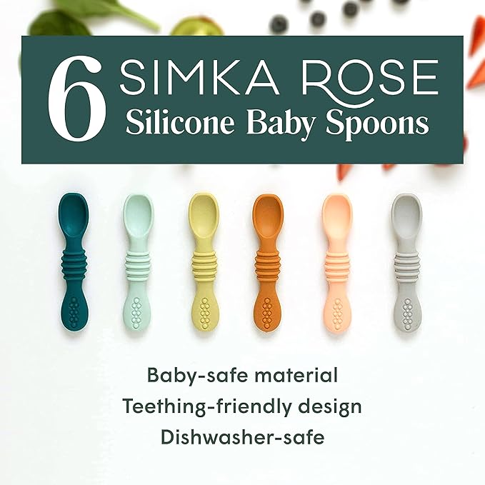 Simka Rose Silicone Baby Spoons Self Feeding (6 Pack)- First Stage Infant Spoons for Babies & Toddlers- Baby Led Weaning Shallow Spoons- Easy on Gums- 6 Months+ -Dishwasher Microwave Safe
