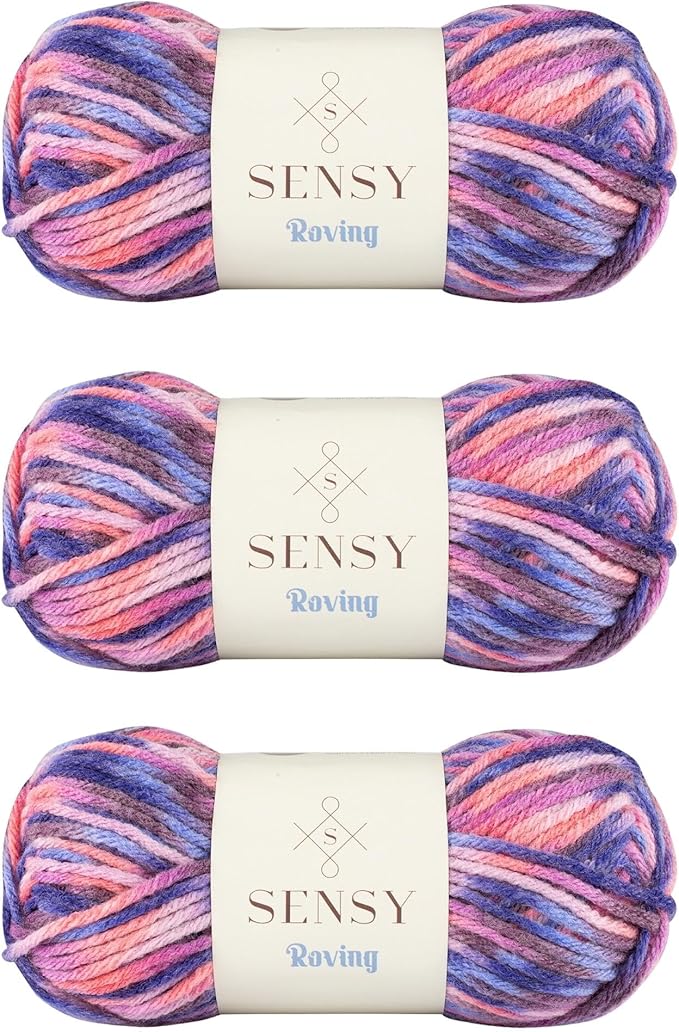 3 Skeins of Sensy Roving Multi Color Yarn, 3.5 oz, 132 Yards, Gauge 5 Bulky (Purple Sky)