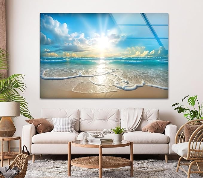 My Photostation.com 60WX40H'' Beautiful Sunset & Ocean Glass Wall ArtTempered Glass Printing Wall Decor Large Wall Art Wall Hangings