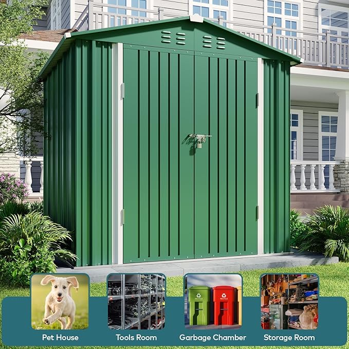 Gizoon Outdoor Storage Shed 6 x 4 FT, Galvanized Metal Garden Shed with Double Lockable Doors, Outdoor Storage Clearance for Backyard Patio Lawn-Green