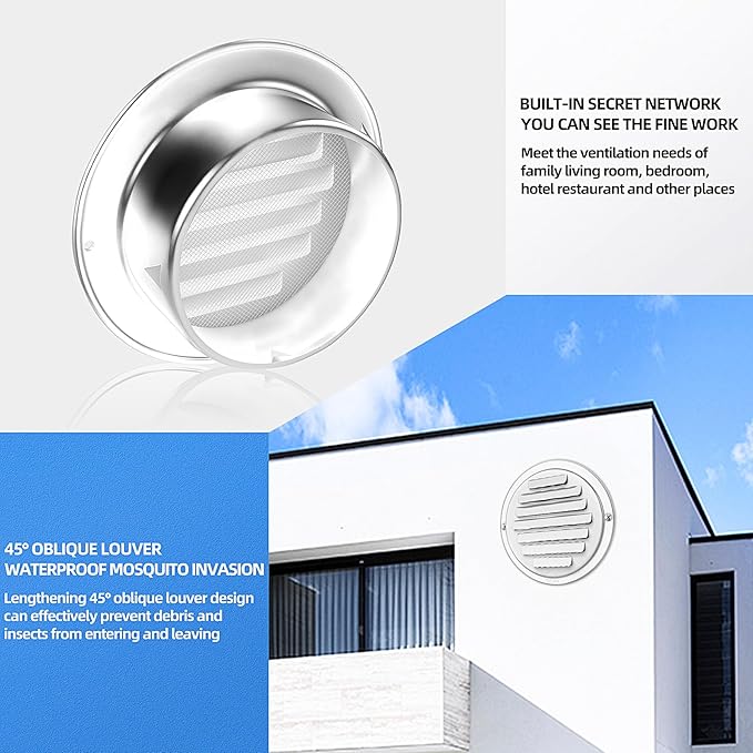 3'' Shiny Silver Paint Stainless Steel Air Vents, Louvered Grille Cover Vent Hood Flat Ducting Ventilation Air Vent Wall Air Outlet with Fly Screen Mesh for House (3 inch Shiny Silver Paint Cover)