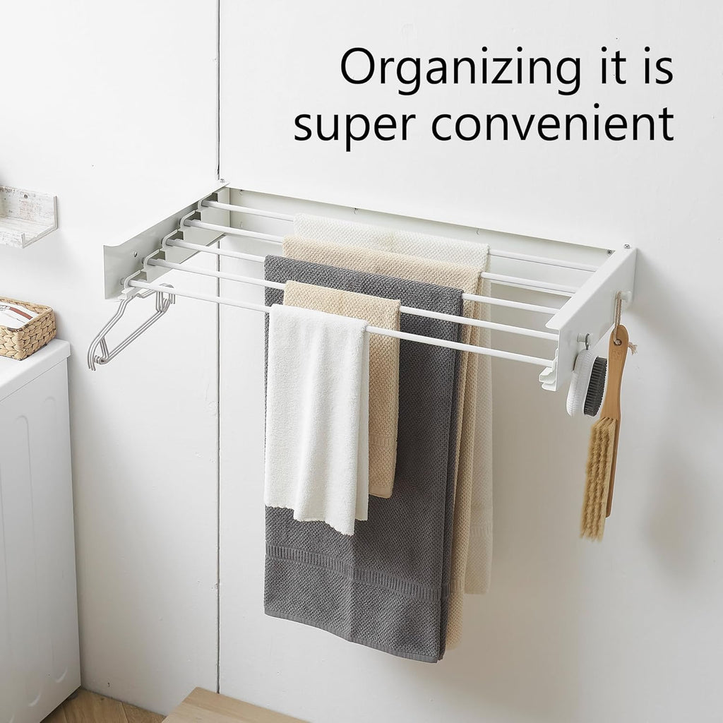 Clothes Drying Rack,Laundry Hanging Rack Collapsible,Wall Mounted Drying Rack for Laundry,Foldable Drying Rack Indoor Outdoor,31.5" Wide,5 Aluminum Rods with Hooks, 60 lb Capacity (White 31.5" Hooks)