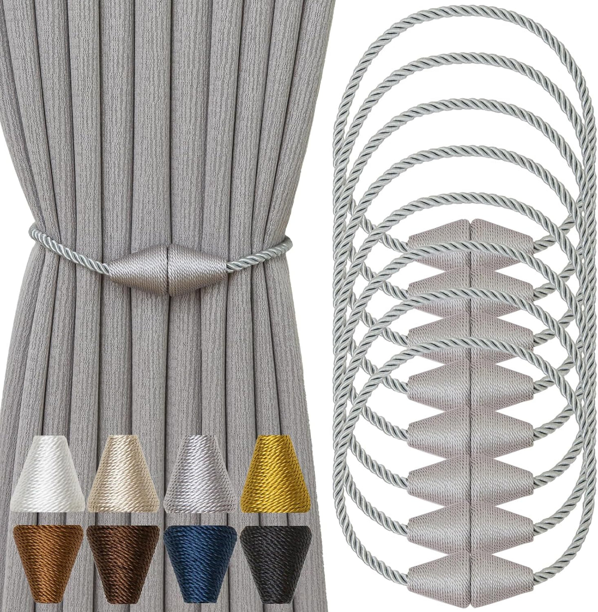 Magnetic Curtain Tiebacks 8 Pack Outdoor Rope Curtain Tie Backs Decorative Window Treatment Holdbacks for Home Decorative Curtain, Grey