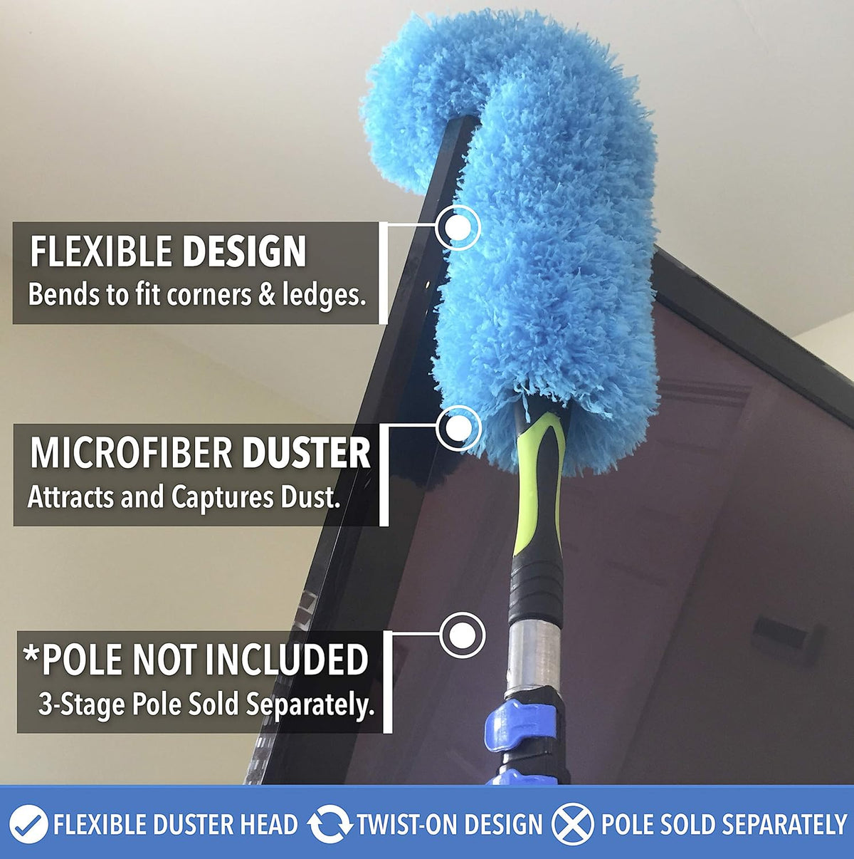 EVERSPROUT Flexible Microfiber Feather Duster | Extra-Long 24 inch Brush Head with Hand-Grip | Twists onto Standard 3/4 Inch Threaded Pole | (Duster Attachment Only, No Pole)