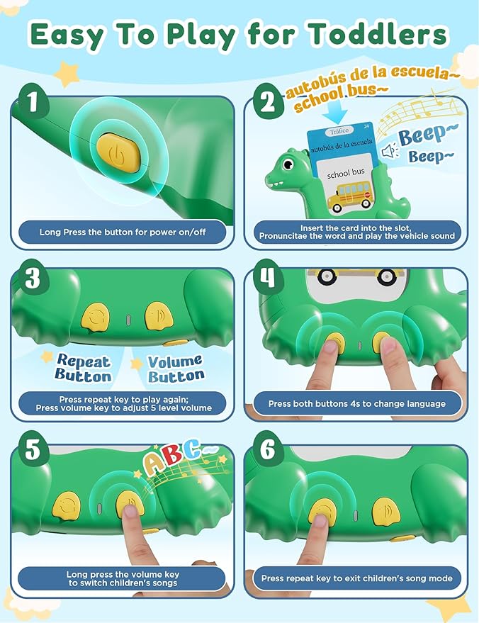 Spanish and English Talking Flash Cards for Toddlers with 510 Sight Words, Dinosaur Shaped Bilingual Pocket Speech Therapy and Autism Toys, Educational Learning Toys Gift for Kid Boys Girls
