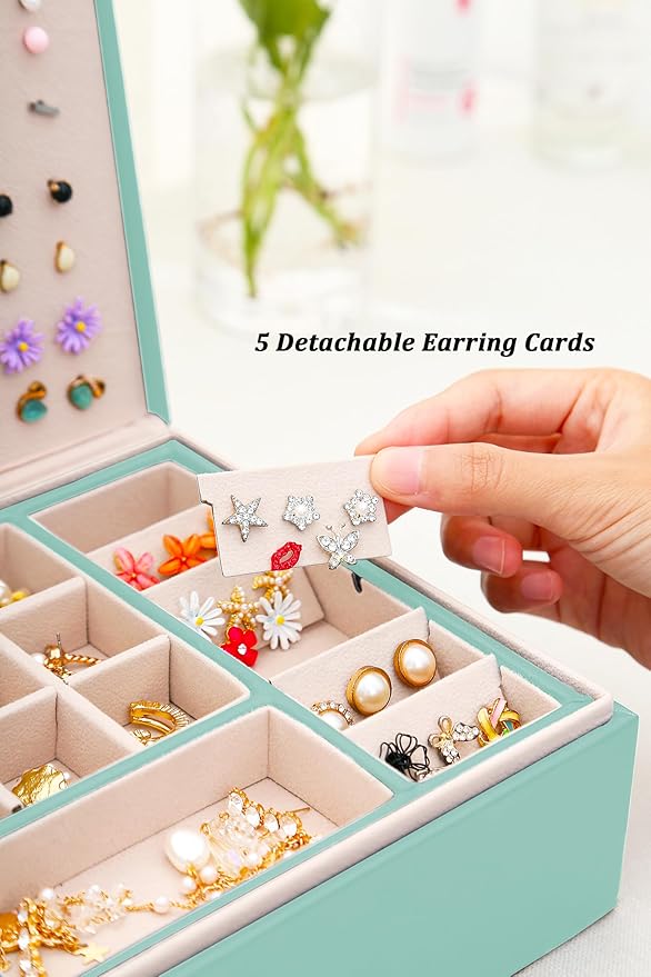 Girls Jewelry Box for Earrings Jewelry Organizer Box Teen Girls Earrings Organizer Jewelry Box Earring Holder Organizer Stud Earring Box for Girls Womens Jewelry Case Organizer Teal