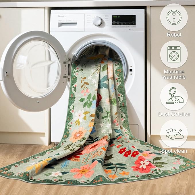 8x10 Area Rugs for Living Room: Floral Washable Rug Vintage Large Soft Boho Non-Slip Carpet Indoor Stain Resistant Low Pile Carpets for Bedroom Dining Room Farmhouse Nursery Hallway Home Office Green
