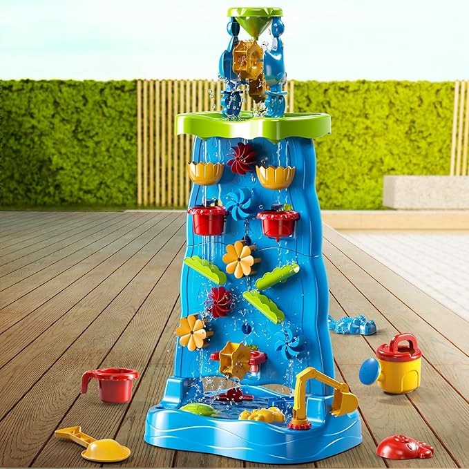 Water Table for Toddlers 1-3 Kids Ages 4-8, Double-Sided Waterfall Discovery Wall with Rich Activity Set, Summer Kids Outdoor Beach Sensory Sand Water Play Table Toys, Birthday Gifts for Boys & Girls
