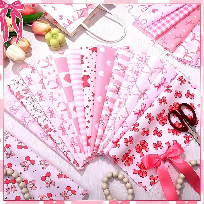 Ganeen 60 Pcs 10 x 10 Inch Pink Bows Quilting Fabric Squares Coquette Pink Bow Fat Patchwork Precut Strips Plaid Dot Heart Coquette Fabric Bundles for Holidays DIY Craft Sewing Handmade Material Gifts