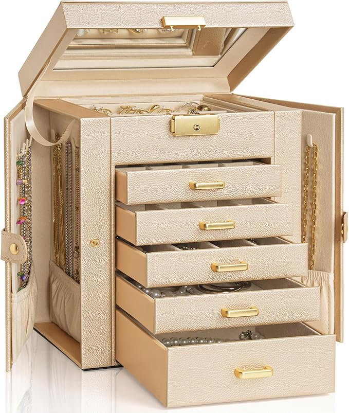 AKOZLIN 6-Tier Jewelry Box Lockable Leather Jewelry Storage Case with 5 Drawers for Women Girls Ring Necklace Earring Bracelet Holder Organizer with Mirror