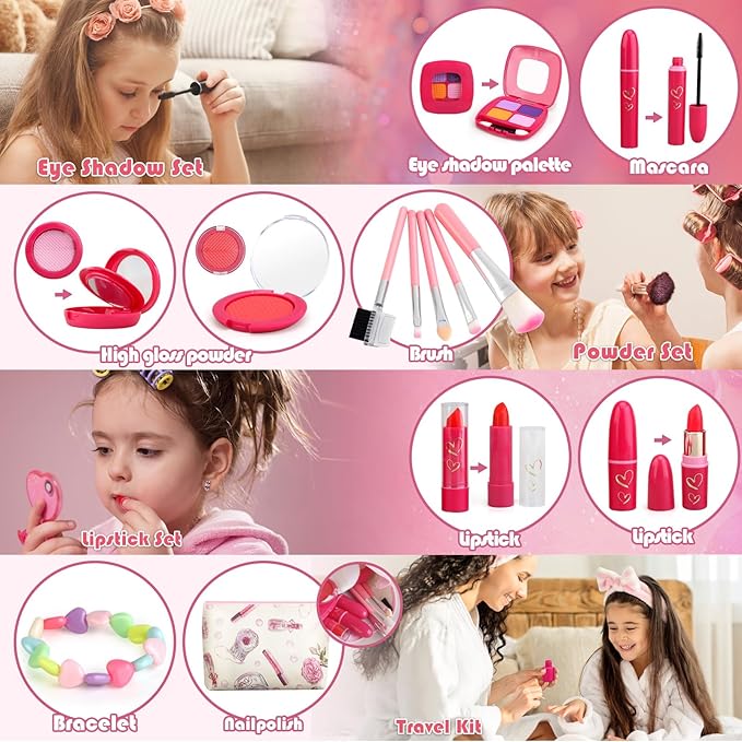 Girl Gifts Basic Pretend Makeup for Little Girls 3-5, Play Makeup for Kids 3-5, Fake Makeup Set Toys for 3 4 5 6 7 Year Old Girls, Toddler Makeup Kit with Fake Make up Toys Gifts