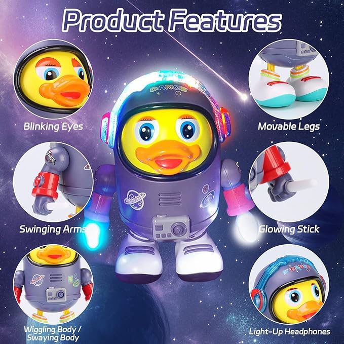 Dancing Space Duck Toy, Electric Dancing Duck Toy Baby Musical Toys, Cute Singing Walking Duck Toys with Music & LED Lights for Toddlers Kids Birthday Gifts (Blue)
