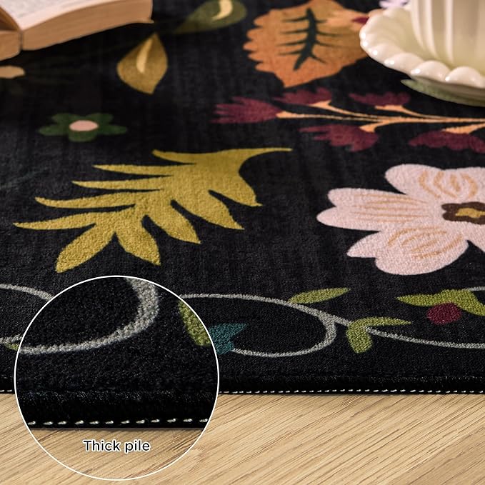 3x5 Area Rug, Floral Black Washable Rug for Entryway, Non Slip Flower Area Rugs, Soft Low Pile Indoor Doormat Small Carpet, Rugs for Living Room Bathroom Bedroom Nursery Kitchen Dining Room