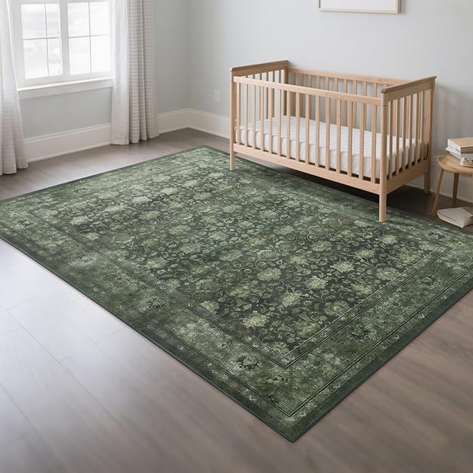 5x7 Washable Area Rug for Living Room, Non Slip Vintage Floral Rugs for Bedroom, Retro Indoor Floor Carpet for Kitchen, Dining Room, Farmhouse, Classroom (Distressed Green)