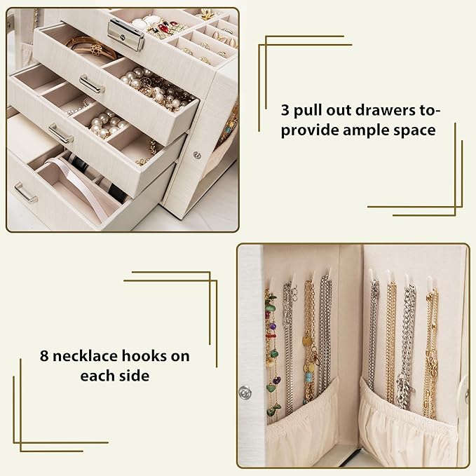 AKOZLIN 4-Tier Jewelry Box Lockable Leather Jewelry Storage Case Organizer with 3 Drawers for Women Girls Ring Necklace Earring Bracelet Watches Holder with Mirror