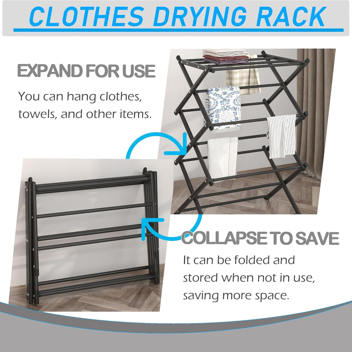 Household Indoor Folding Clothes Drying Rack, Dry Laundry and Hang Clothes,Towel Rack (Black)