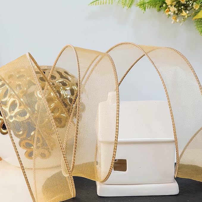 CT CRAFT LLC Sheer Organza Wired Ribbon 1.5" x 50Yards Tan (Gold) for Wedding Chair Bow Flora Bouquet Gift Wrapping Christmas Tree Home Decor Wreath