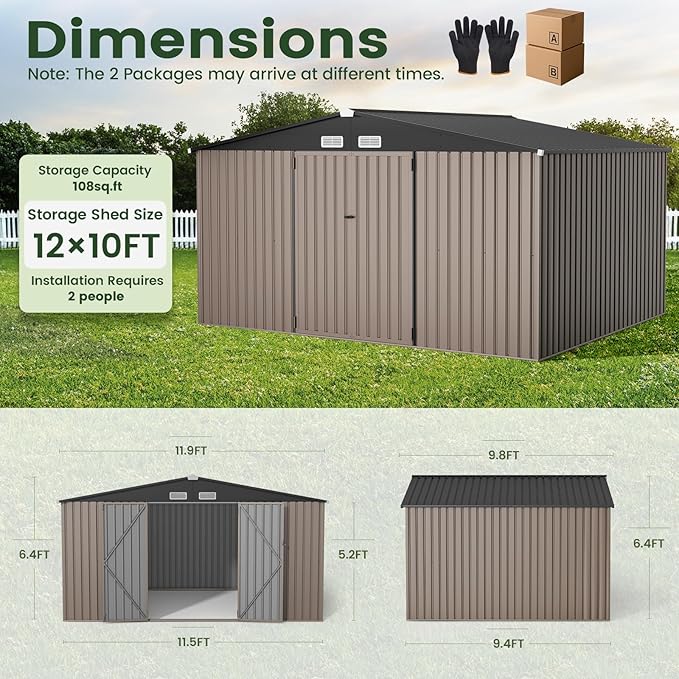 GVDV 10X12 FT Outdoor Storage Shed, Durable Metal Outside Storage for Garden, Patio and Backyard, Waterproof Shelter for Tools, Equipment