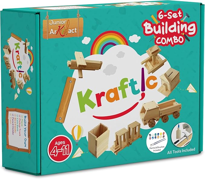 Kraftic Woodworking Building Kit for Kids and Adults, with 6 Educational Arts and Crafts DIY Carpentry Construction Wood Model Kit Toy Projects for Boys and Girls