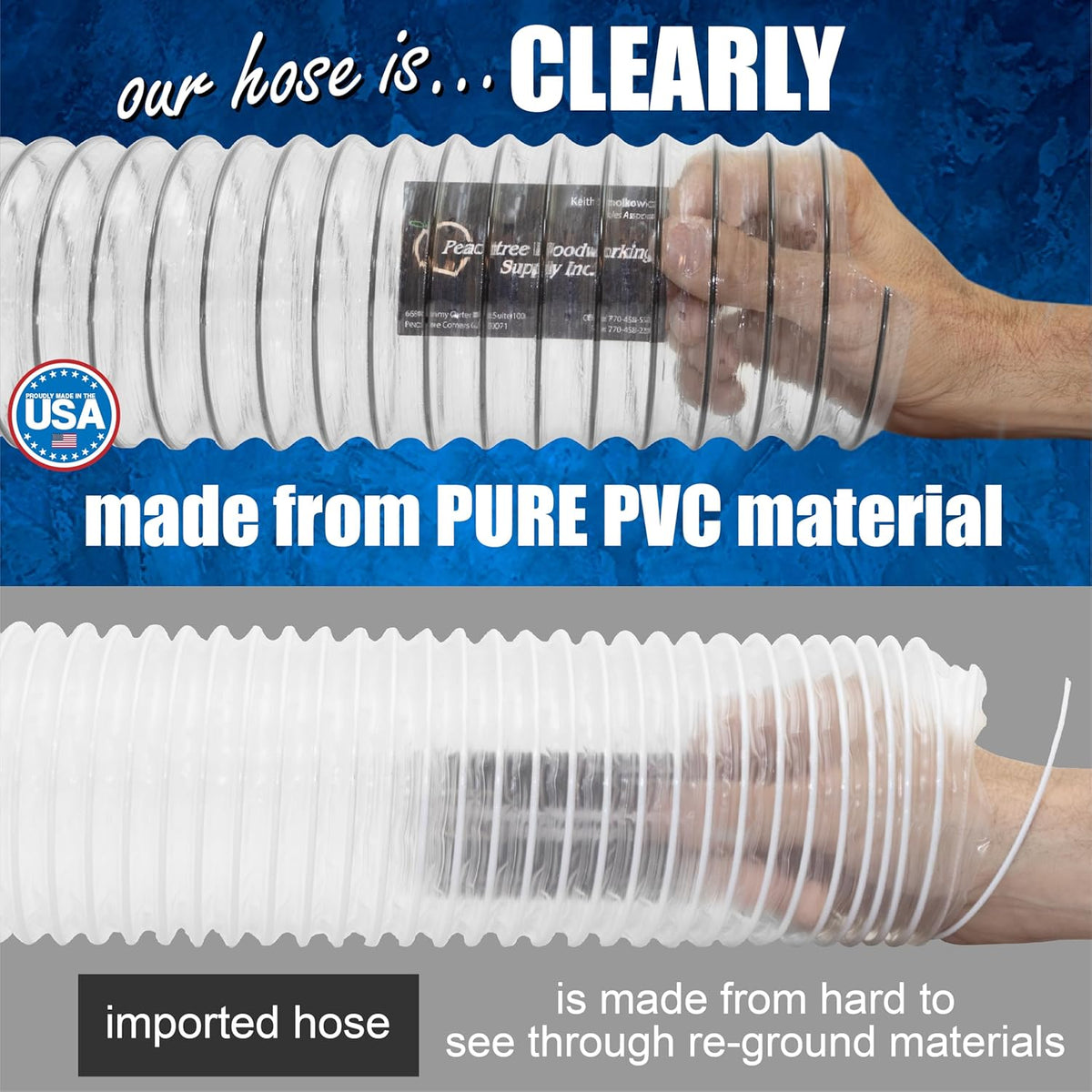 PVC Dust Collection Hose w/4 Thumbscrew Clamps, Puncture Resistant, Carbon Steel Wire, Clear Flexible PVC Dust Collector Hose, Proudly Made in USA (2 1/2" x 10')