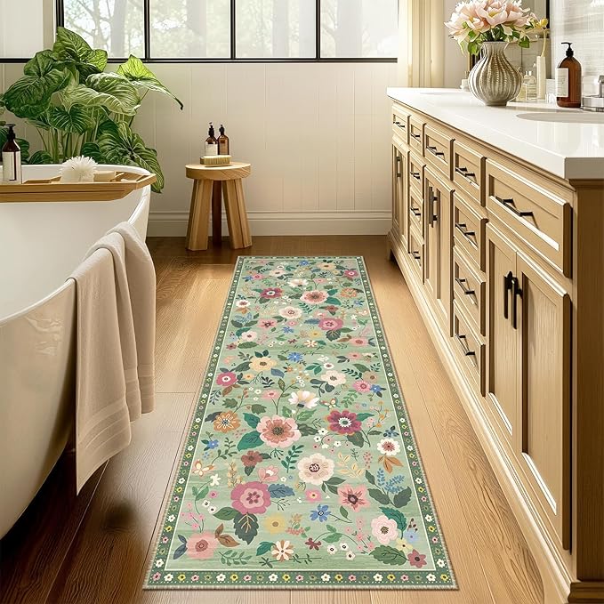 Floral 2x6 Area Rug Machine Washable Soft Print Boho Carpet Non Slip Doormat Low Pile Flower Area Rugs for Living Room Bedroom Nursery Kitchen Dining Room Indoor-Light Green