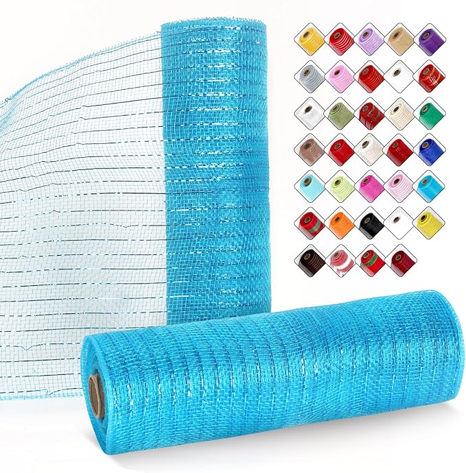 2 Rolls Mesh Ribbon for Wreaths 10 Inch x 30 Foot Wreath Mesh Rolls with Metallic Foil for Easter Christmas Party Wedding Home Decor DIY Craft Projects and Gift Wrapping(Peacock Blue)