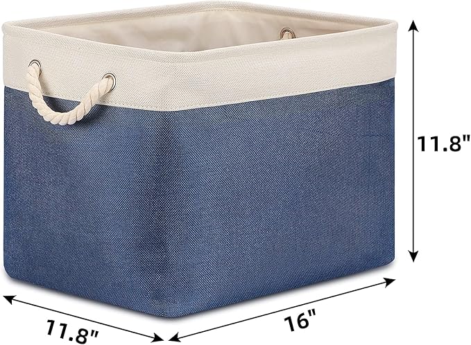 Bidtakay Fabric Storage Baskets with Handles for Organizing 16" x 11.8" x 11.8" Navy Blue Baskets [2-Pack] Shelf Baskets Large Canvas Collapsible Bins for Closet (White&Blue)
