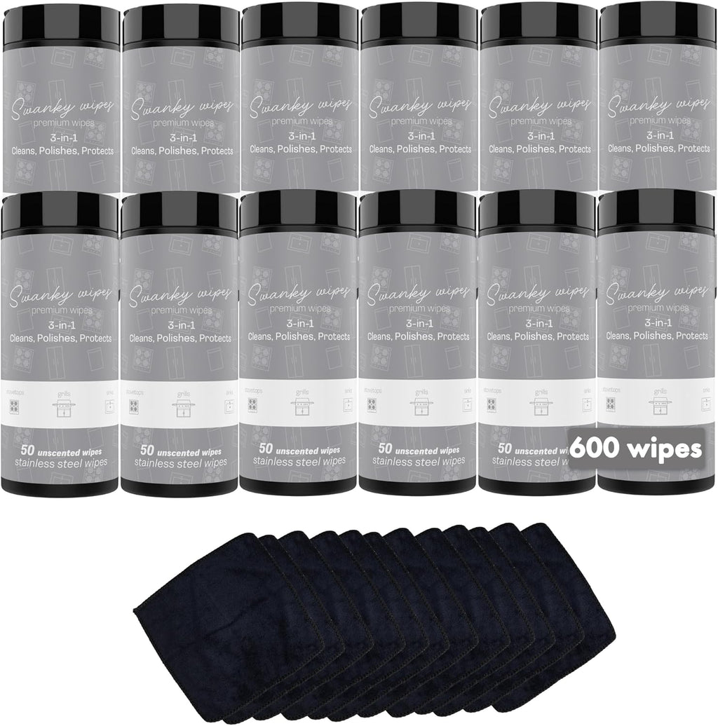Swanky Stainless Steel Cleaner Wipes - Grime & Grease Remover Kitchen Cleaning Supplies - Clean & Shine, For Stove Top, Refrigerator, Sink, Oven, & Household Appliances - Canister, 600 Count