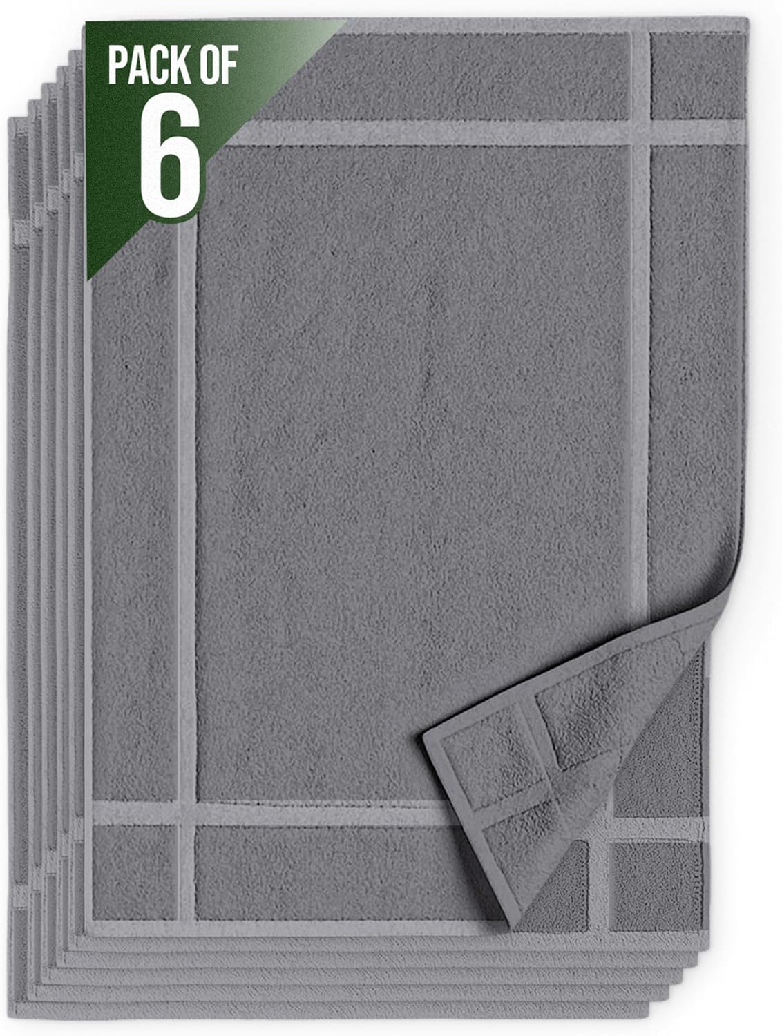 Pearl Linens Pack of 6 100% Cotton Bath Mat 20x30 inches, Soft & Absorbent Quick Dry Bathroom Mat Set, Not Bathroom Rugs, After Shower Mat, Bath Tub Mat, 687 GSM, Machine Washable, Light Gray