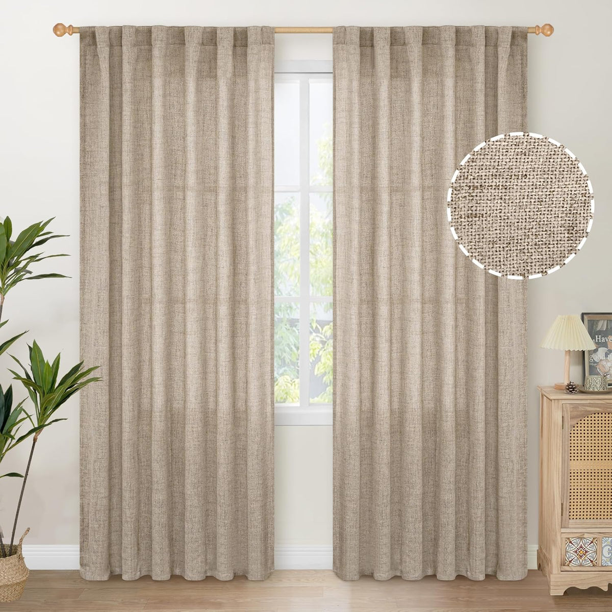 YoungsTex Linen Curtains 84 Inches Long for Living Room Farmhouse, Oatmeal Semi Sheer Drapes Light Filtering Textured Window Treatments with Back Tab Rod Pocket for Bedroom, 2 Panels,52 X 84 Inch