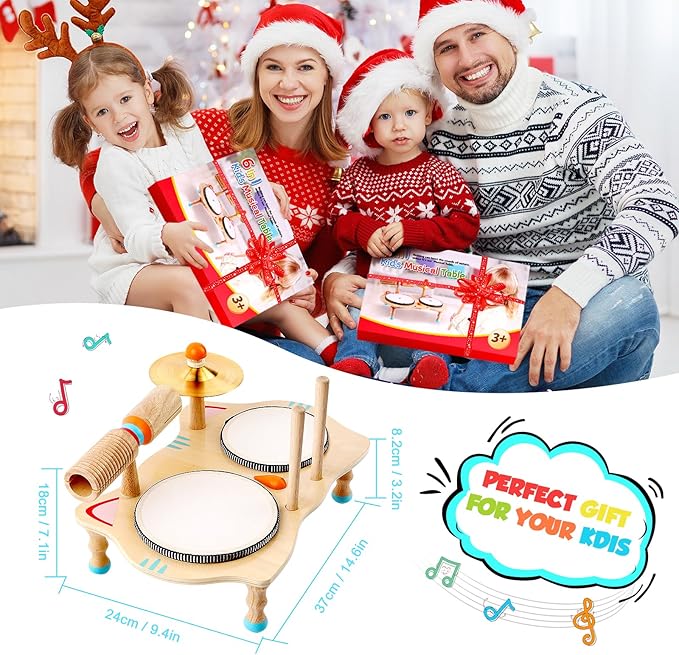 WINGYZ Kids Drum Set – 6-in-1 Wooden Musical Instruments for Toddlers 1–3, Montessori Baby Music Set with Drums, Cymbal & Tone Block, FSC-Certified Cat Design Table for Home & Classroom Learning Gift